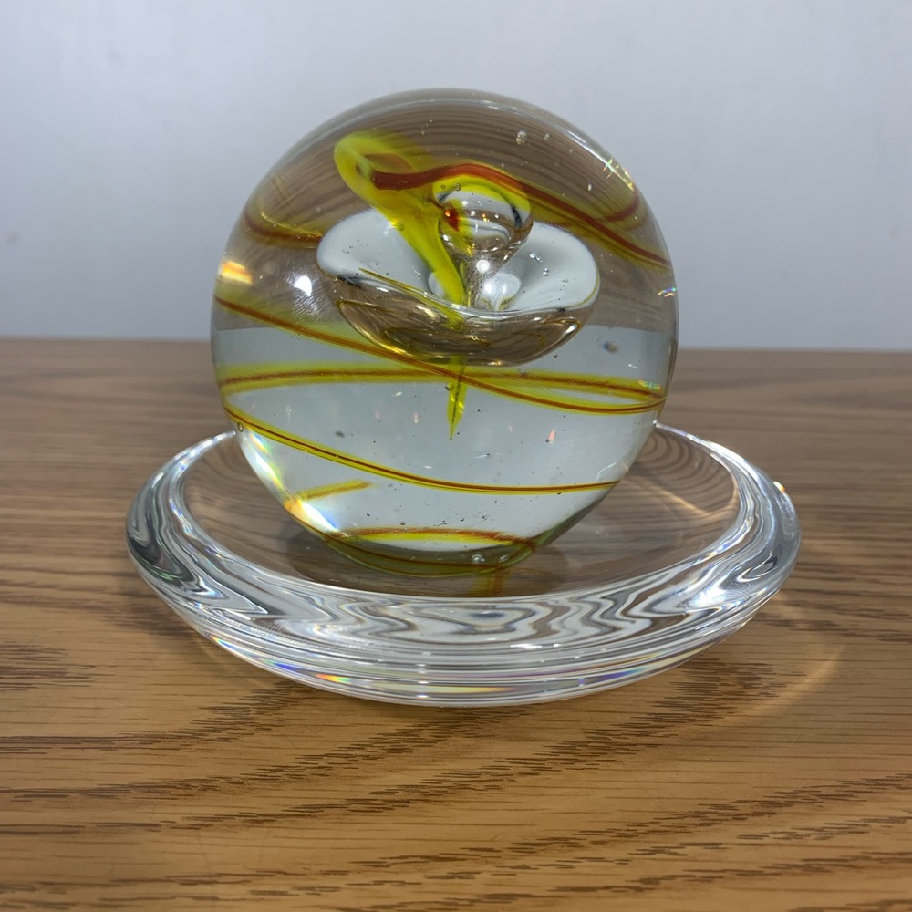 Glass Art Sphere paperweight with yellow swirls and double bubble drop with dish